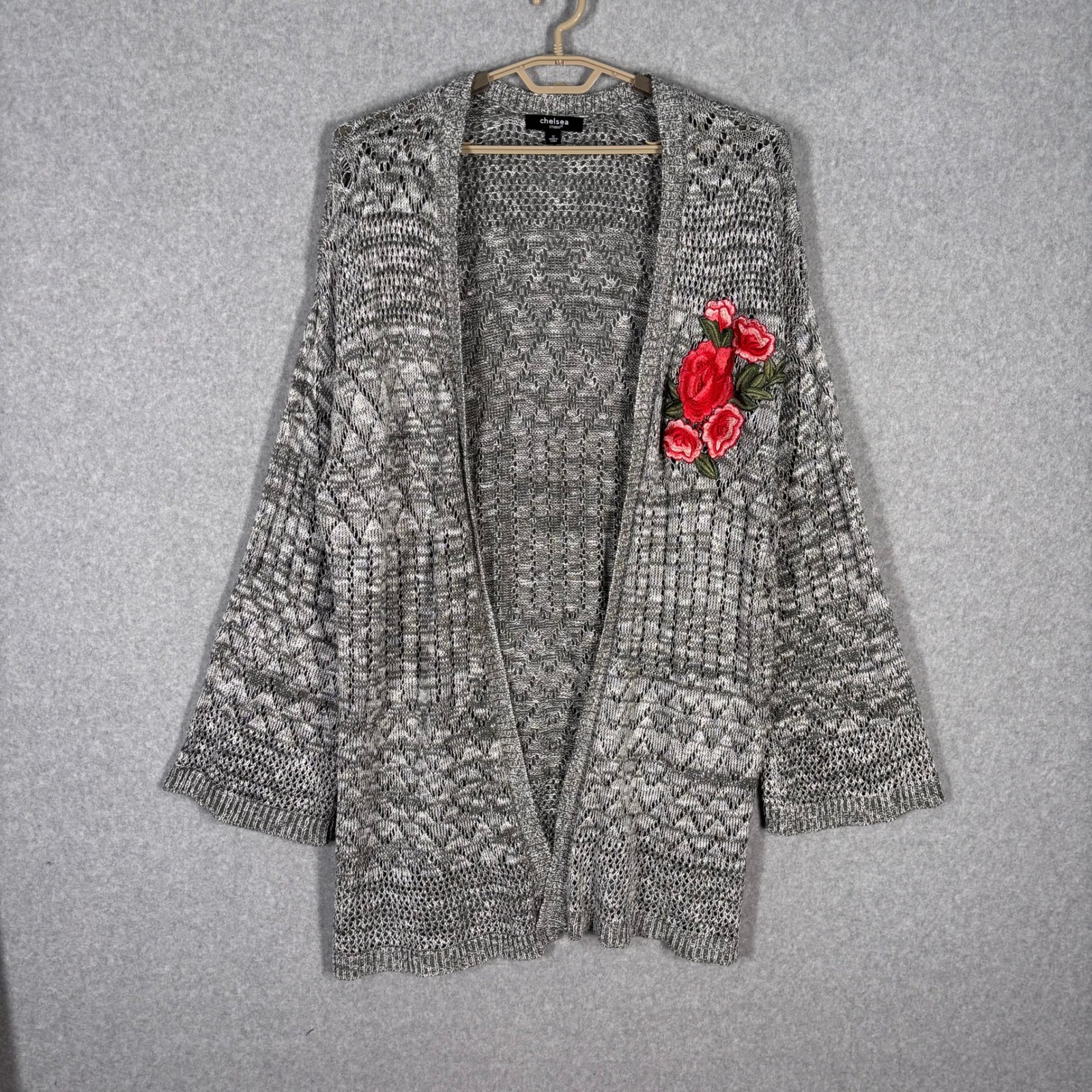 Crochet Cardigan Duster Sweater 1x Gray Open Knit Rose Applique Cottage Grandma